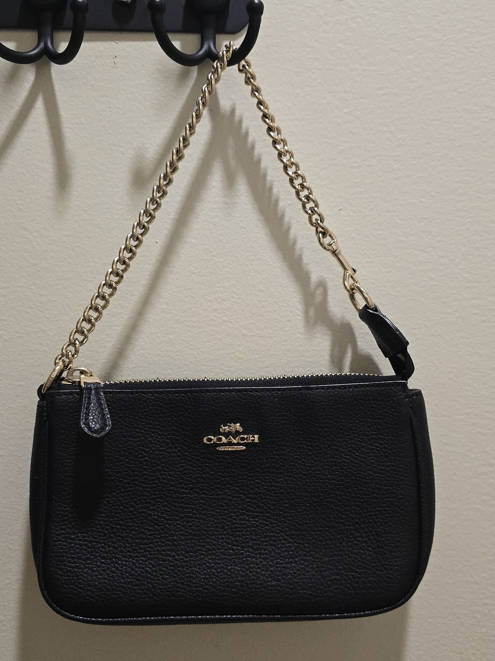 Coach Black Leather Shoulder Bag with Gold Chain Strap